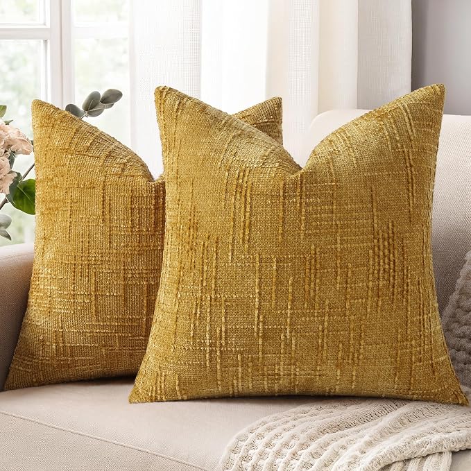 decorUhome Summer Mustard Yellow Chenille Throw Pillow Covers 16x16 Set of 2 by decorUhome