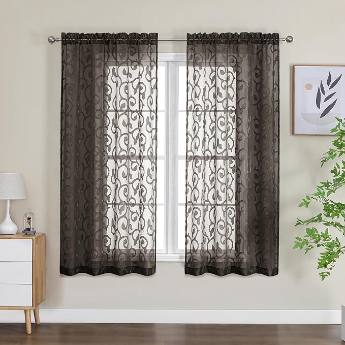 OWENIE Furman Chocolate Sheer Curtains 63 inch Length - Image 2
