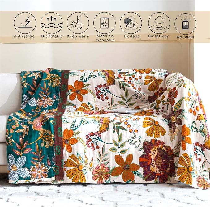 MSGKV Spring Throw Blanket for Couch, 100% Cotton Muslin Breathable Woven Bed - Image 3