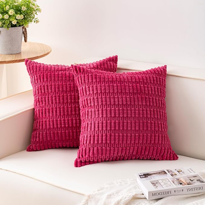 Pack of 2 Corduroy Decorative Throw Pillow Covers 22x22 Inch, Rose Red | Fall by Unknown