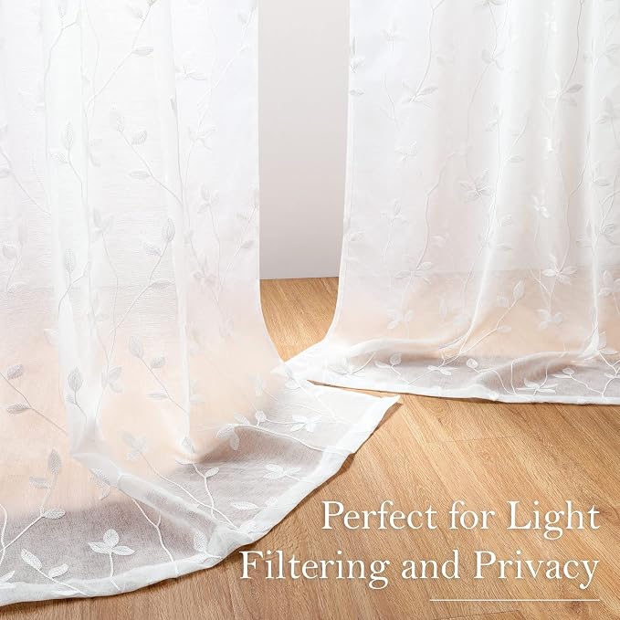 HOMEIDEAS White Sheer Curtains 52 X 96 Inches Length 2 Panels Embroidered Vine - Image 6