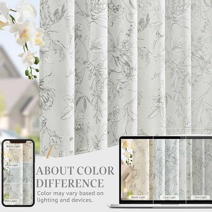 jinchan Floral Curtains 90 Inch Length Charcoal Grey Flower Linen Farmhouse - Image 5