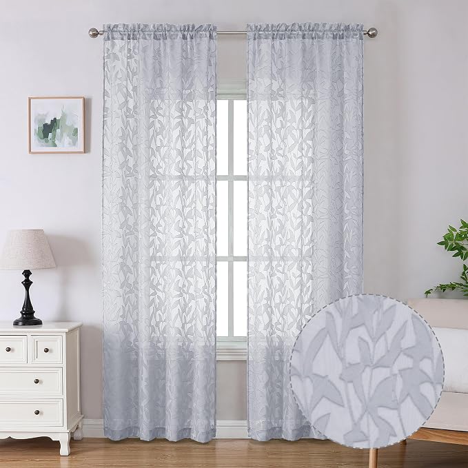Lecloud Leia Light Grey Sheer Curtains 96 Inches Long 2 Panels, Jacquard Leaves by Lecloud