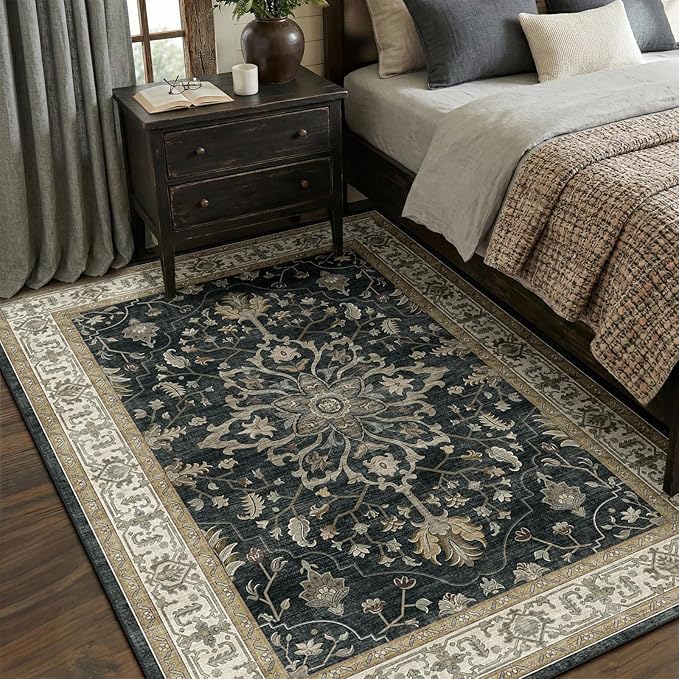 Area Rugs 5'x7' Washable Non-Slip, Floral Vintage Distress Print Pattern - Image 3