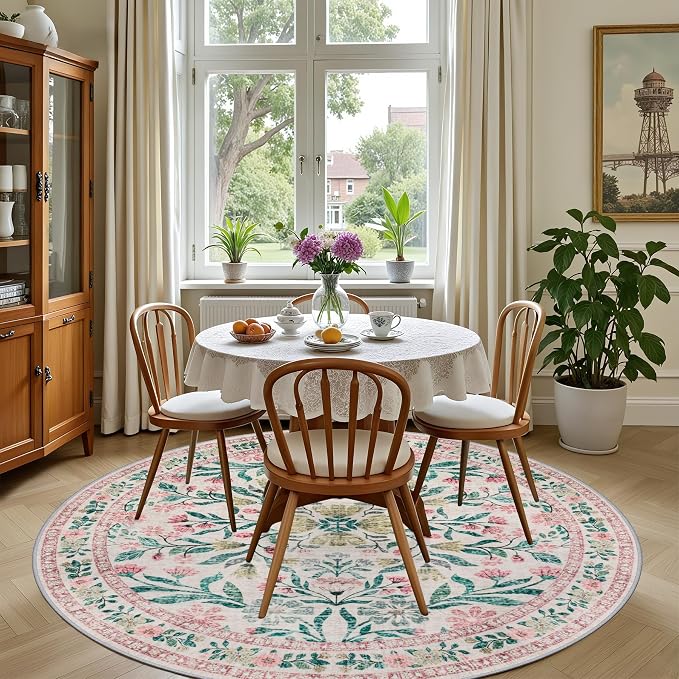 Round Area Rug for Living Room: 6 ft Floral Washable Circle Rug Soft Boho - Image 4