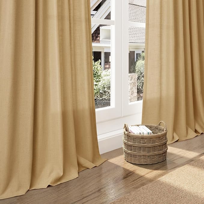 Gold Yellow Linen Curtains 102 Inches Long Rod Pocket Back Tab Drapes 2 Panels - Image 6
