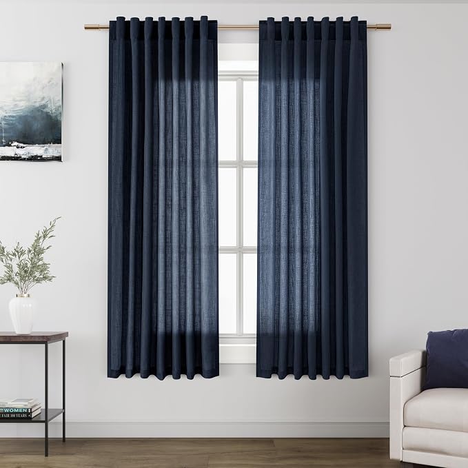 Nanspring Navy Blue Linen Curtains 63 Inches Length 2 Panels Set by Nanspring