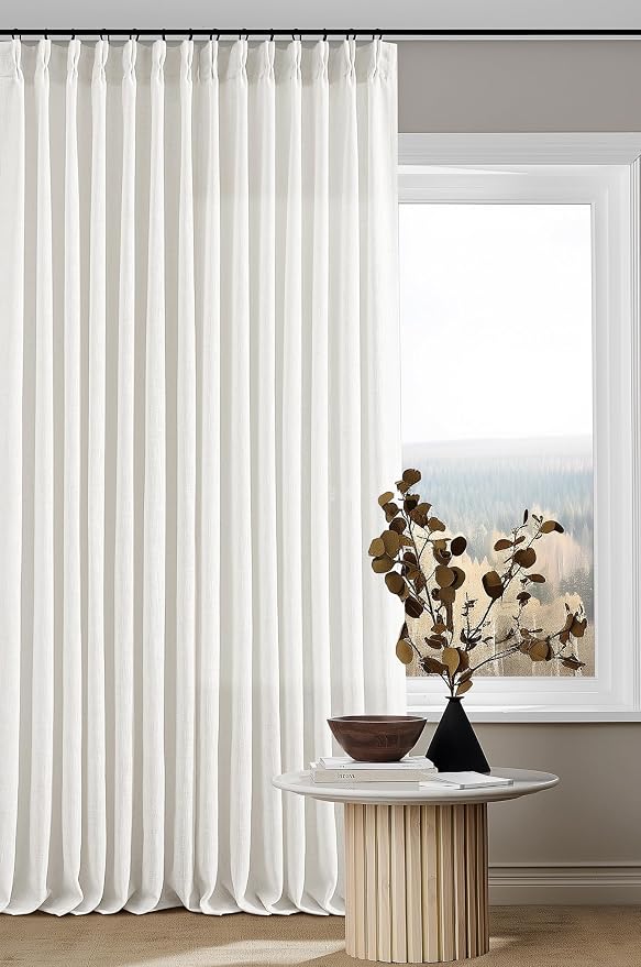 Beige White Pinch Pleated Linen Curtains 98 Inches Long 2 Panels | Light by Twodrapes