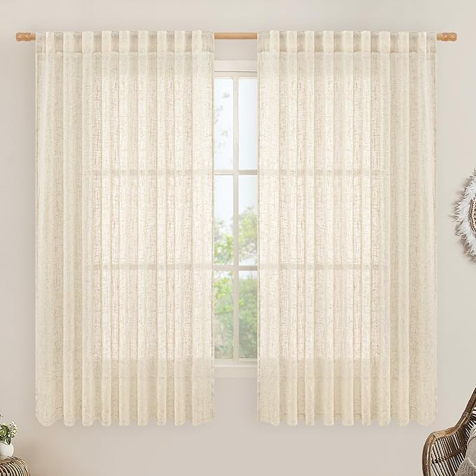 LAMIT Beige Linen Curtains 63 inches Long, Light Filtering Linen Textured Semi by LAMIT