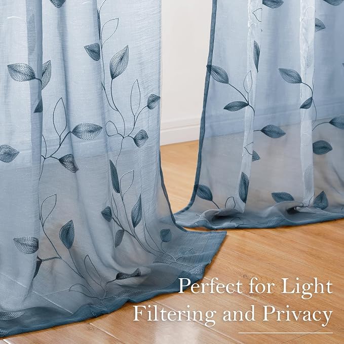 HOMEIDEAS Stone Blue Floral Sheer Curtains 96 Inches Long 2 Panels Embroidered - Image 7
