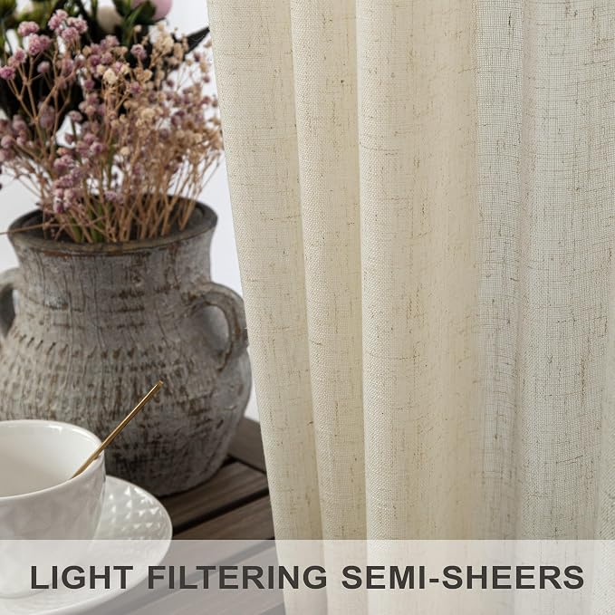 Oatmeal Beige Linen Curtains 92 Inch Length 2 Panels Back Tab Semi Sheer Light - Image 4