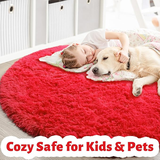Red Round Circle Rug 6Ft for Bedroom, Large Fluffy Shag Area Rugs for Kids Room - Image 4