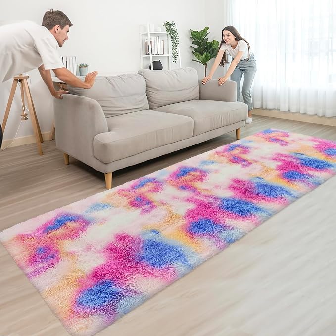 Fluffy Colorful Rug for Bedroom 3x10 ft Kawaii Tie-Dyed Area Rug Non Slip Cute - Image 4