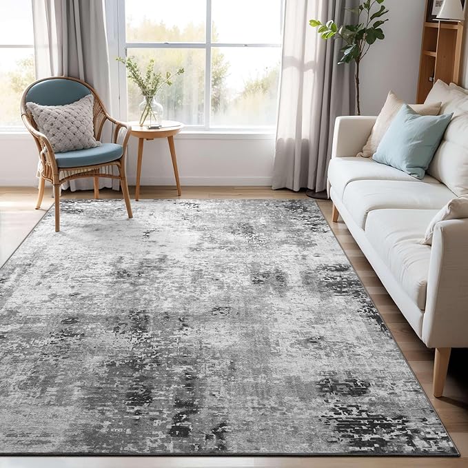 Area Rug 4x6 Grey Rug Washable Boho Rugs Non Slip Low Pile Abstract Small Carpet by OmpaaHomeDecor