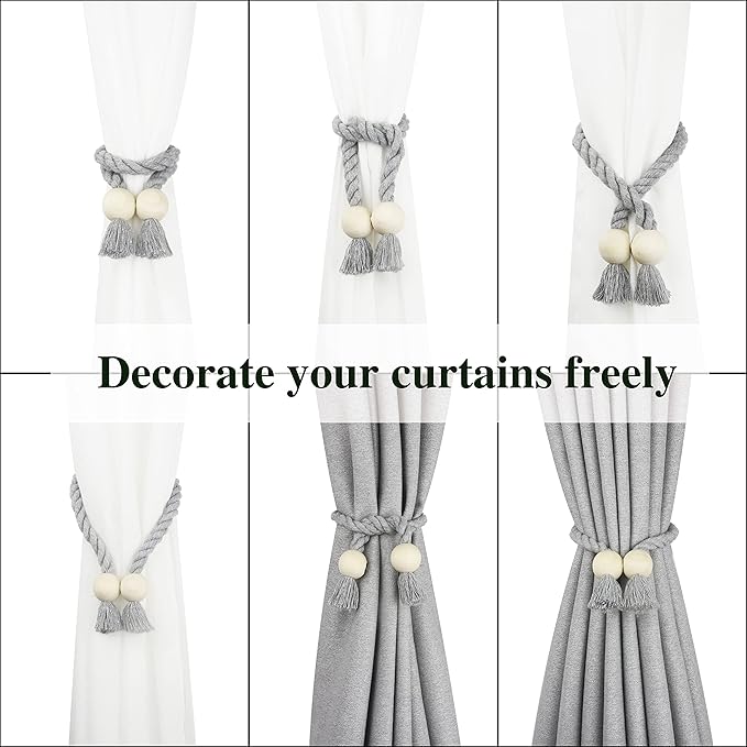 4 Pack Magnetic Curtain Tiebacks Cotton Hand Woven Tie Back Decorative Rope - Image 5