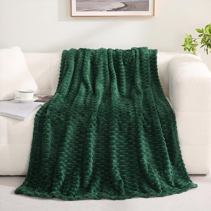 Puncuntex Dark Green Throw Blanket 90"×90" inches Fuzzy 3D Jacquard Decorative - Image 2
