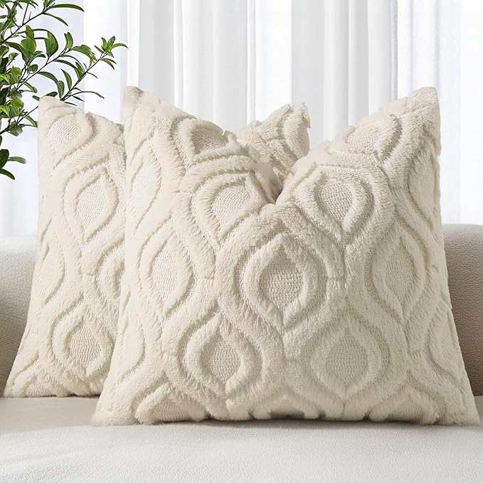 decorUhome Throw Pillow Covers 18x18 Inch Set of 2, Soft Plush Faux Wool Beige by decorUhome