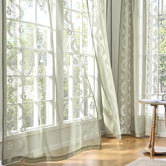jinchan Belrose Sage Green Floral Sheer Curtains - Image 6