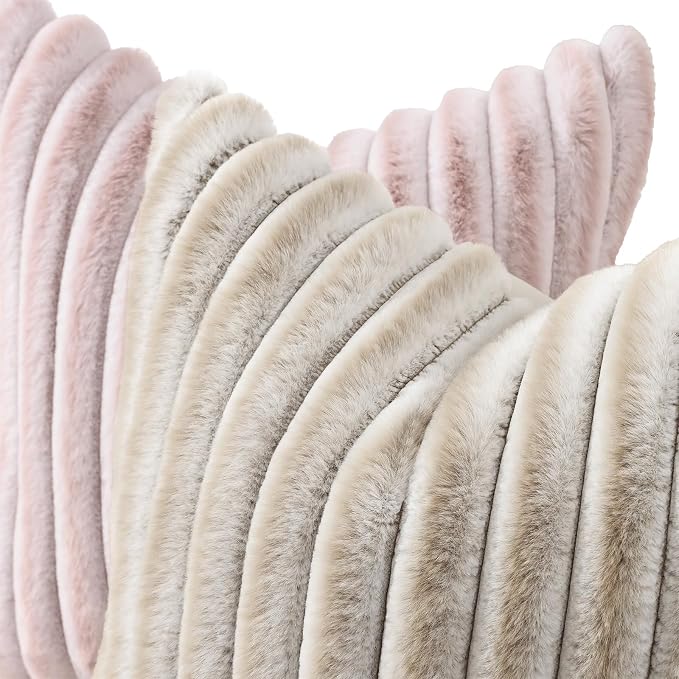 decorUhome Fall Faux Fur Throw Pillow Covers 12x20 Set of 2 Beige White | - Image 2