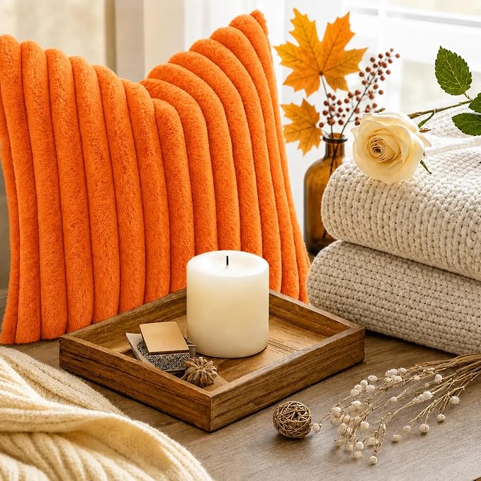 decorUhome Fall Faux Fur Throw Pillow Covers 20x20 Set of 2 Orange | Decorative - Image 9