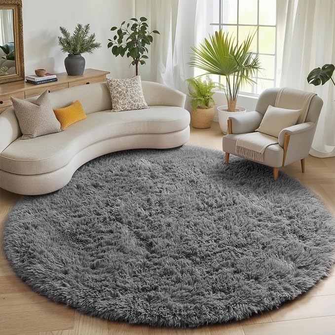 ONASAR Grey Round Area Rugs 6ft, Fluffy Gray Soft Bedroom Circle Rug by ONASAR