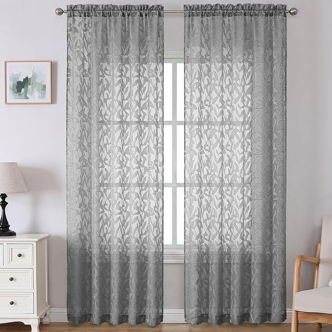 Lecloud Leia Charcoal Grey Sheer Curtains 120 Inches Long 2 Panels, Jacquard by Lecloud