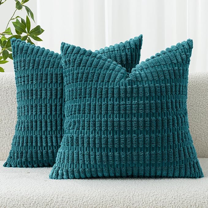 MIULEE Corduroy Decorative Throw Pillow Covers 16x16 Teal Pack of 2 | Soft Boho by MIULEE