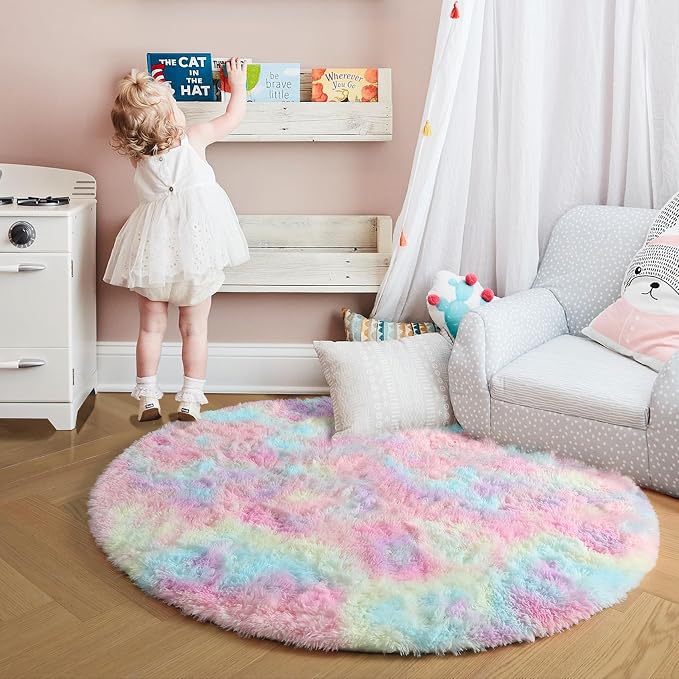 Amdrebio Rainbow Fluffy Small Round Rug 3Ft Kids Rugs - Image 8