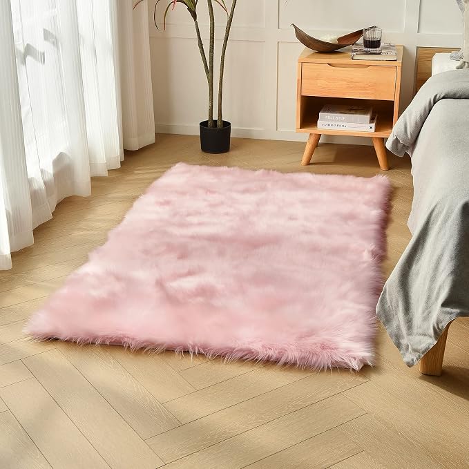 duduta Pink Faux Sheepskin Fur Rug 3x5 ft, Fluffy Shag Girls Bedroom Dorm by duduta