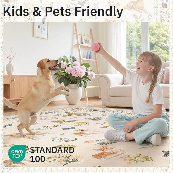 Dog 5x7 Area Rugs for Living Room, Machine Washable Animal Floral Vintage Rug - Image 5