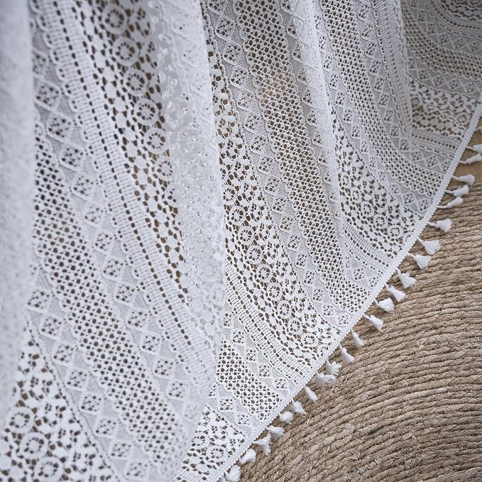 WAZZIO Boho Lace Curtains 72 Inches 2 Panel, Light Filtering Privacy Tassel & - Image 7