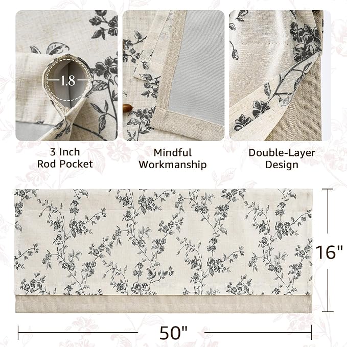 jinchan Linen Kitchen Valance for Windows 16 Inch Floral Double Layer Valance - Image 6