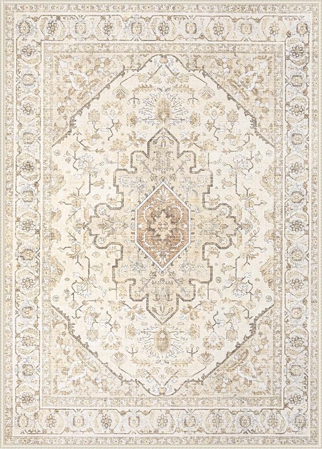 Area Rugs 6x9 Vintage Rug: Washable Living Room Rug Retro Medallion Distressed - Image 8