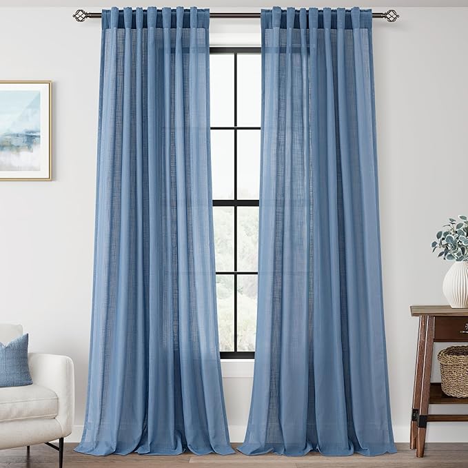 Denim Blue Curtains for Living Room Back Tab Modern Farmhouse Semi Sheer Blue by Jolilight