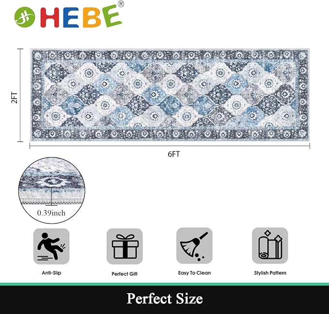 HEBE Hallway Runner Rug 2'x6' Washable Vintage Distressed Area Rugs Non Slip - Image 2