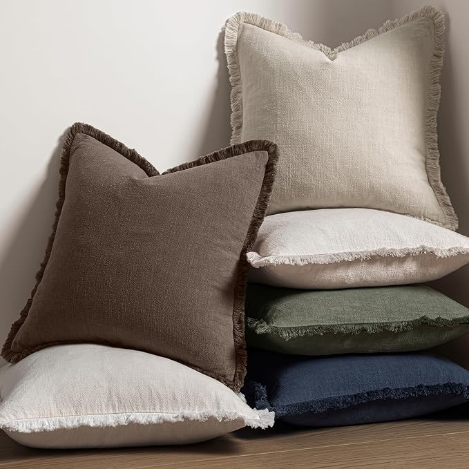 MIULEE Boho Linen Fringe Decorative Fall Pillow Covers Reddish Brown 20x20 | - Image 5
