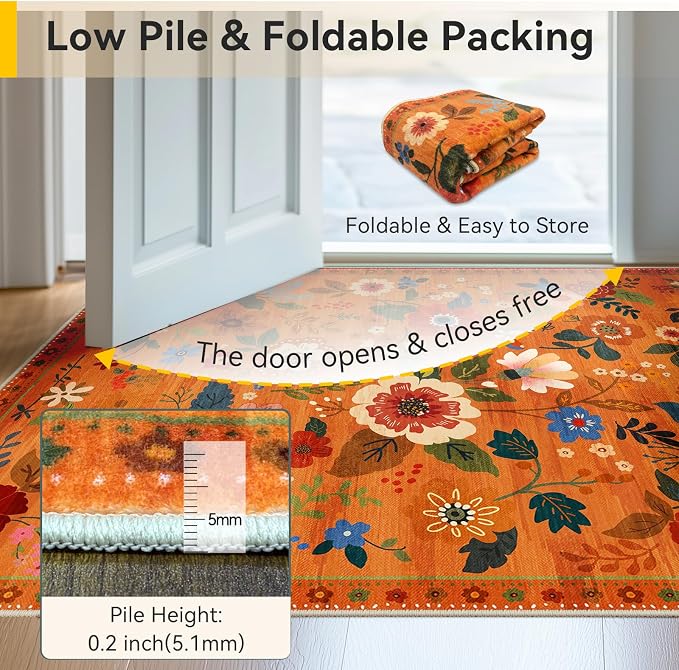 RELEANY Floral Washable 6x9 Area Rugs BurntOrange | Flower Carpet Print Boho - Image 5