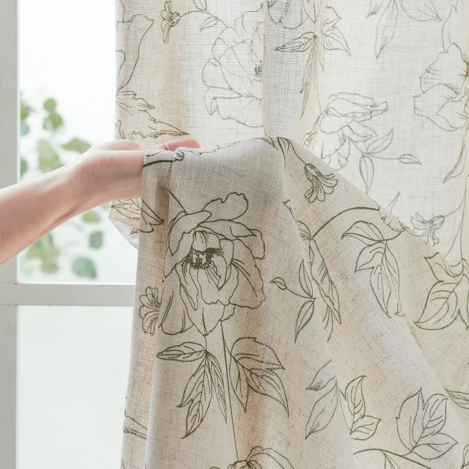 jinchan Floral Linen Curtains for Living Room 63 Inch Length Green Flower - Image 6