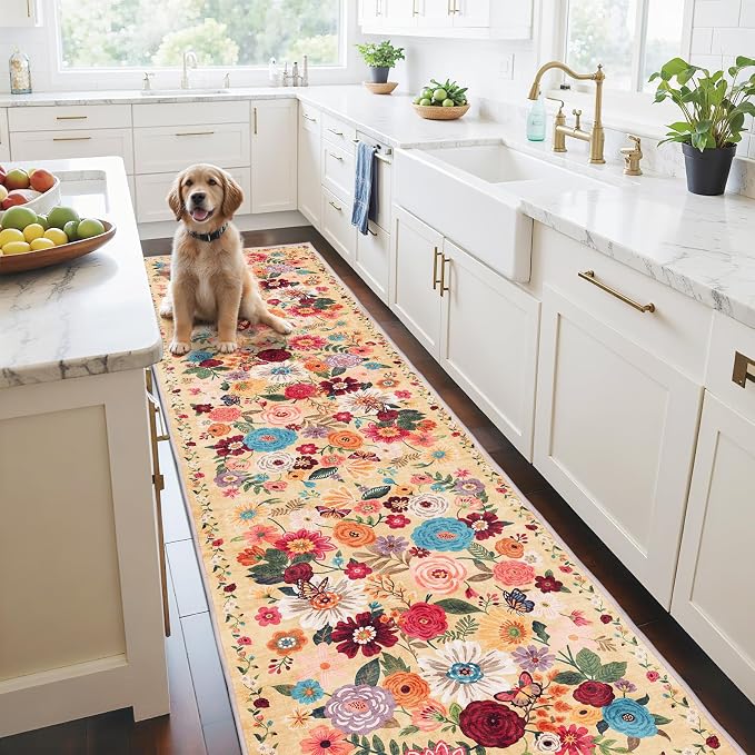 Floral Hallway Runner Carpet Non-Slip, 2x10 Washable Rug Ultra-Thin Soft by WelcometoBabovid