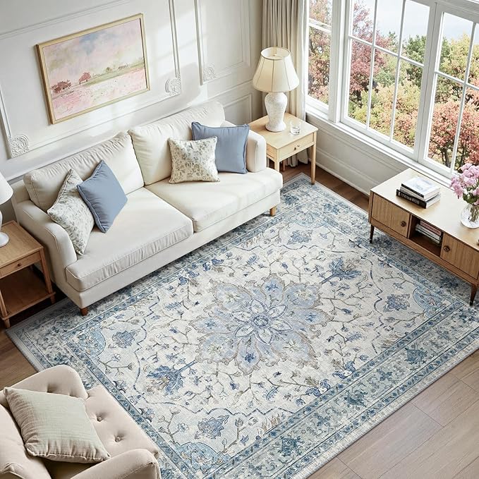 Area Rugs 7'x9' Washable Non-Slip, Floral Vintage Distress Print Pattern by RELEANY