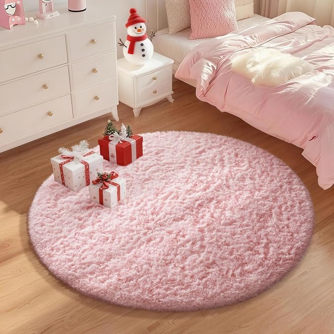 Ophanie Pink Round Rug for Bedroom Girls, Kids Fluffy Kawaii Fuzzy Shag Circle - Image 5