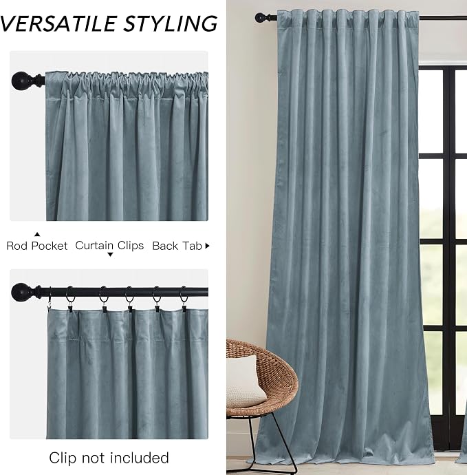 RYB HOME Stone Blue Velvet Curtains 72 inches - Image 3