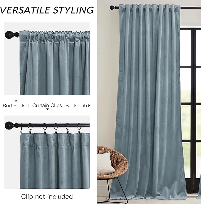 RYB HOME Stone Blue Velvet Curtains 96 inches - Image 3