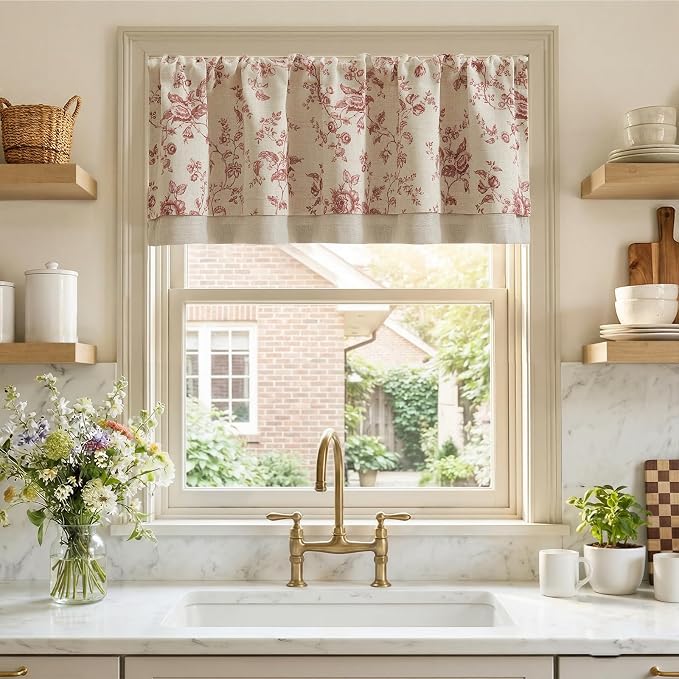 jinchan Amlie Floral Linen Valance Curtain Farmhouse Kitchen Valance - Image 2