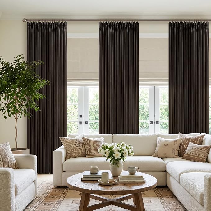 Linen Pleated Semi Sheer Dark Chocolate Back Tab Curtains 120 Inches Long | - Image 9