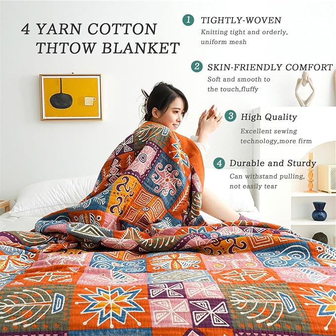 MSGKV Boho Throw Blanket 90''x98'' 100% Cotton Spring Blanket - Image 5