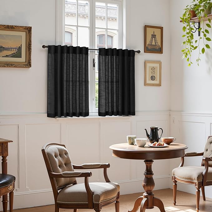 Nanspring Short Linen Kitchen Curtains 36 Inch Length, Over Sink Black Privacy - Image 6