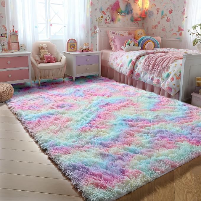 Fluffy Vibrant Rainbow Rugs for Bedroom 5x7 Ft, Colorful Unicorn Girls Rugs | - Image 4