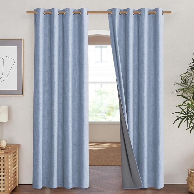 NICETOWN Stone Blue Vintage Linen 100% Blackout Curtains - Image 2
