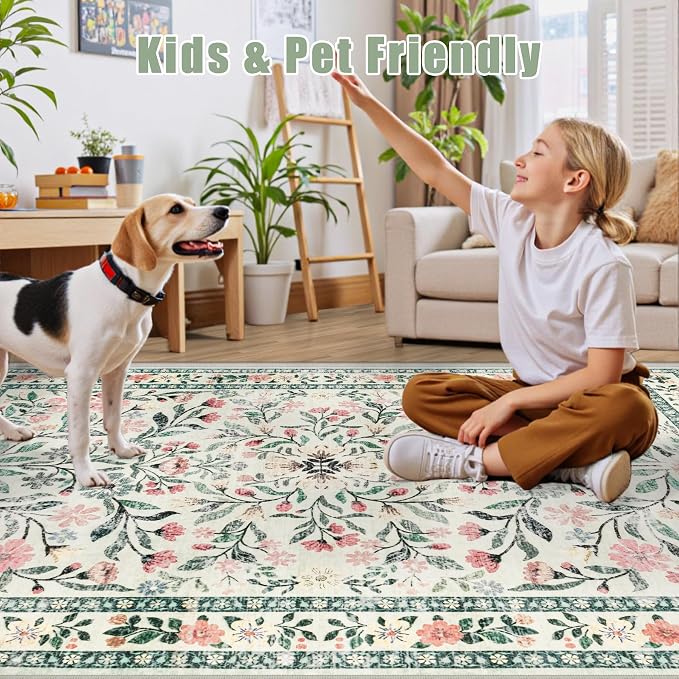 PLHXFR 3x10 Washable Runner Rug：Floral Indoor Kitchen Carpet Green Beige | - Image 6